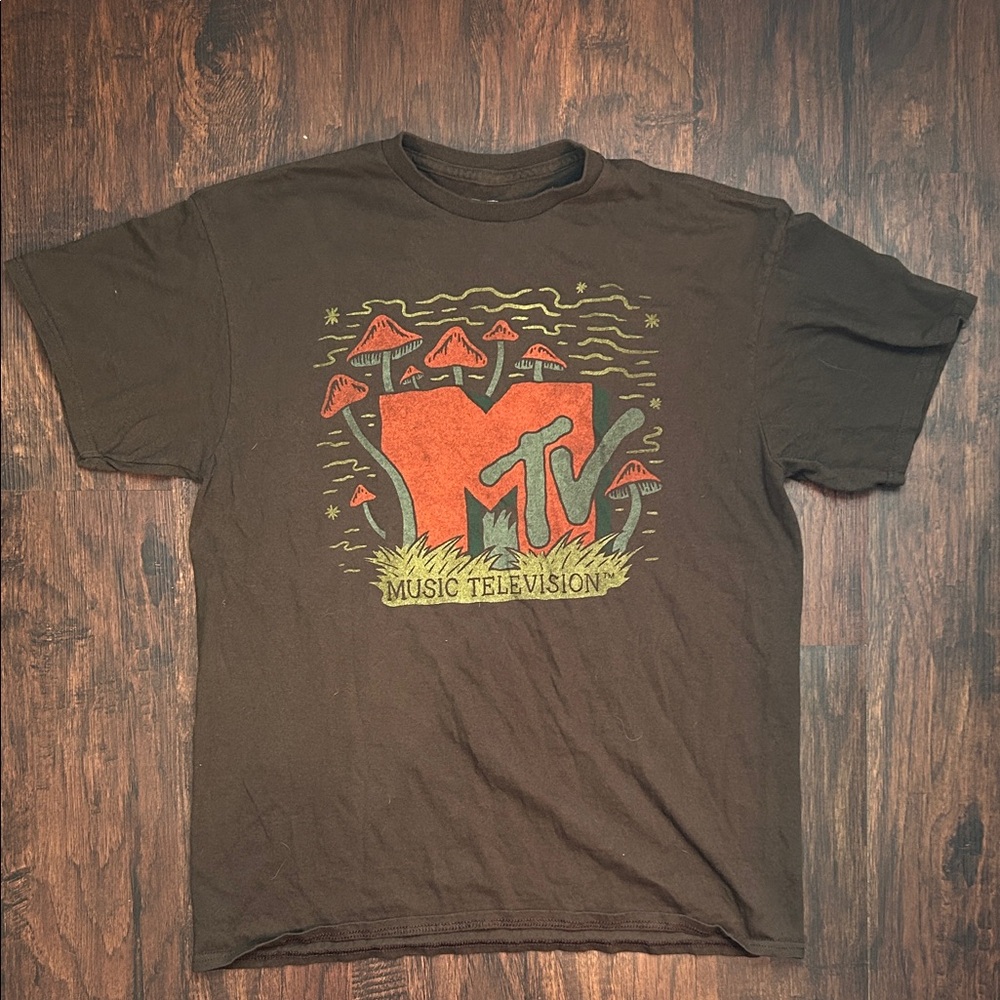 MTV Dark Brown Graphic Tee with Red and Yellow Accents